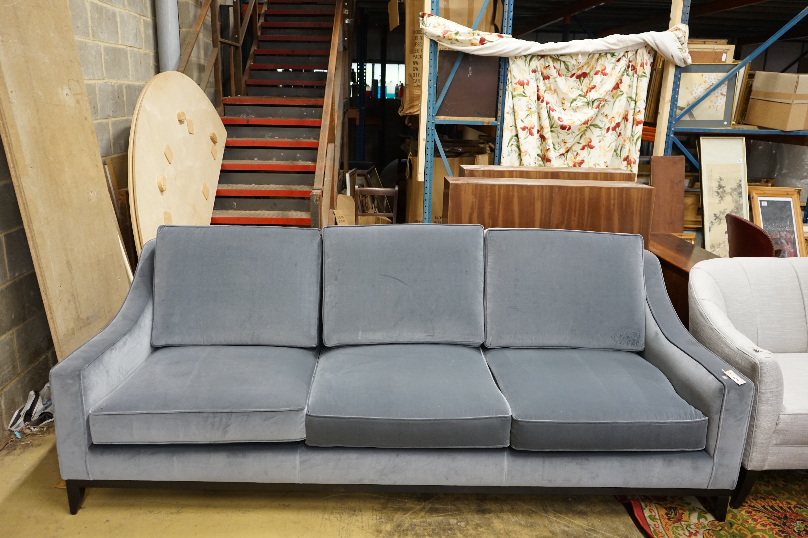 A Spencer three seater sofa by The Sofa and Chair Company, upholstered in Turnell and Gigon Gainsborough grey velvet, width 250cm, depth 100cm, height 90cm